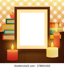 Empty picture frame on the table with books and candles, still life. Vector illustration