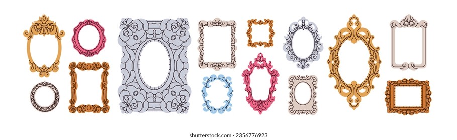 Empty picture frames in vintage victorian style. Antique classic carved frameworks set. Ornament borders, retro decorations for painting, photo. Flat vector illustration isolated on white background