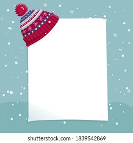 Empty piece of paper. A letter to Santa Claus template. Cartoon Christmas wish list with knitted hat and snow. Vector illustration. Dear Santa Claus.