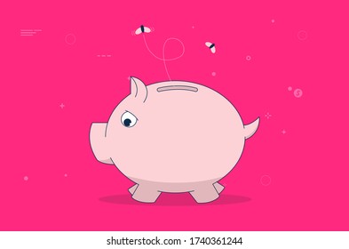 Empty Piggy Bank - No Money, Flies Flying Out Of The Money Box. Metaphor For Money Trouble, Poverty And Lack Of Savings. Vector Illustration.