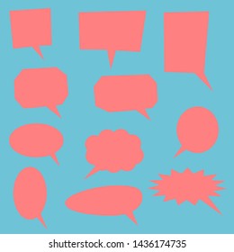 empty pink cartoon speech bubbles set with different shape on blue background. vector illustration