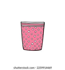 Empty pink cup, flower pot polka dot for indoor plants and flowers. Hand drawn simple color vector illustration, clip art in doodle flat style, isolated
