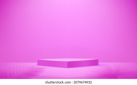 Habitación rosa iluminada vacía con pedestal cuadrado y sombras de plantas. Ilustración vectorial de estilo 3d realista