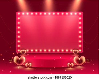 Marco De Marquesina Rosa Vacío Sobre El Escenario O El Podio Con Corazones Sobre Las Luces Rojas Efectúa El Fondo.