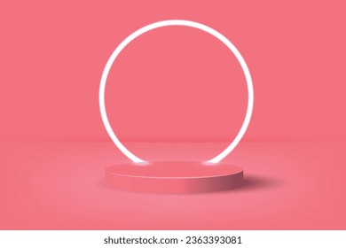 Leeres rosa Podium mit rosafarbenem Neonring auf Hintergrund.