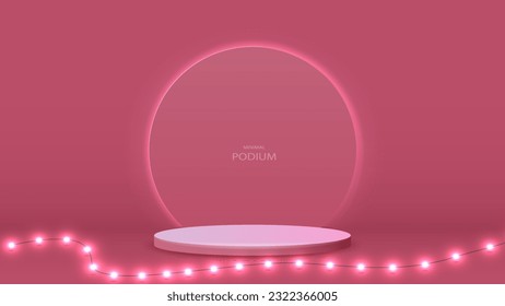 An empty pink podium in a room with a glowing garland on the floor. Platform with frame and shadow.