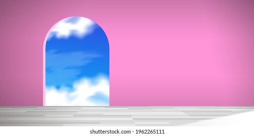 empty pink room interior with archway window and sky vector illustration