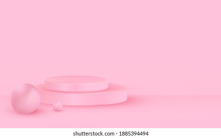 Empty pink room with pink podium. Scene mockup for advertising, promotional sales, cosmetics ads. Minimal concept with vector illustration.