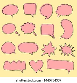 empty pink speech bubbles set with different shape with black line frame isolated on yellow background. vector illustration