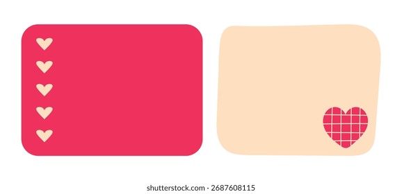 Empty  pink valentine memo notes with heart decoration. Abstract hand drawn notepad sticker, Love letter, Sticky paper, notebook sheet, reminder, to-do list, diary page, journal