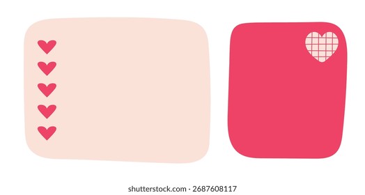 Notas de San Valentín rosas vacías con decoración de corazón. Abstractas dibujado a mano etiqueta engomada del cuaderno, carta de amor, papel pegajoso, hoja de cuaderno, recordatorio, lista de tareas pendientes, página del diario, diario