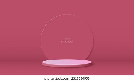 An empty pink and white podium with a glass circle in the room.