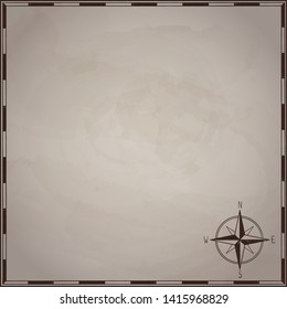 empty pirates treasure map at old paper texture with hand painted frame and rose of wind , tamplate mock up for sea quest , vector illustration