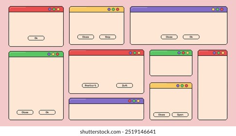 Empty pixel computer screens and templates, set of vintage opened pc windows, blank user interface. Vector illustration.