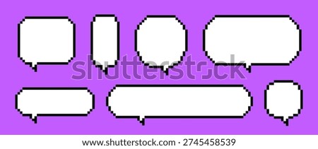Empty pixel text box set. Various pixelated chat frame collection. Retro 8 bit border shape pack for speach box bubble, message cloud, communication dialog, talk balloon. Vector illustration bundle