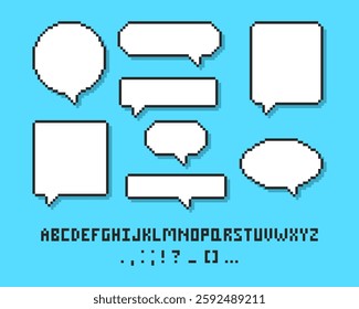 Empty pixelated speech bubble with alphabet, 8 bit cloud for text. Pixel speech bubble, 8 bit geometric texting dialogue box.