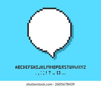 Empty pixelated speech bubble with alphabet, 8 bit cloud for text. Pixel speech bubble, 8 bit geometric texting dialogue box.