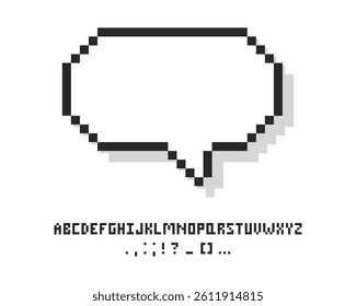 Empty pixelated speech bubble with alphabet, 8 bit cloud for text. Pixel speech bubble, 8 bit geometric texting dialogue box.
