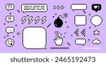 Empty pixelated speech bubbles. Pixels bomb. Lightning. Set of boom bam pixel art elements. UI. Y2k trendy stickers. Mood of 90's aesthetics. 8-bit retro style vector illustration. Neon background