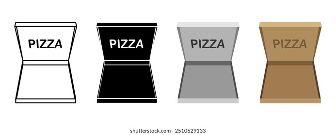 Conjunto de iconos de caja de pizza vacía. Ilustración vectorial de caja de cartón abierta. Concepto aislado del envase del paquete cuadrado de la entrega de la pizza. Símbolo de embalaje tridimensional.
