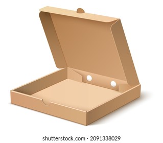 Empty pizza box. Open cardboard pack. Realistic mockup