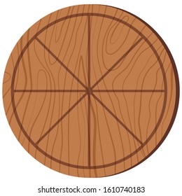 Empty pizza cutting board with sections wooden texture and serving round shape kitchen equipment. Flat design cartoon style icon illustration isolated on white background.
