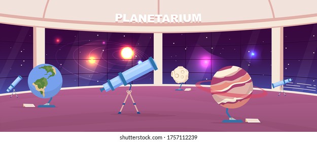 Empty planetarium flat color vector illustration. Interactive public astrology exhibition. Planet exhibits. Astronomy museum 2D cartoon interior with panoramic night sky installation on background