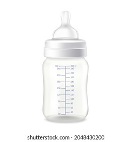 Empty Plastic Baby Bottle Isolated On White Background. Plastic Container With Measurements, Newborn Baby Milk Bottle With Silicone Nipple Realistic 3d Vector Illustration.