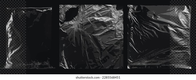 Empty plastic bag. Empty transparent plastic packaging on an insulated background. Album cover, vinyl, texture overlay effect of an old cover with defects and scuffs. Wrinkled, torn and old packaging. - Shutterstock ID 2285568451