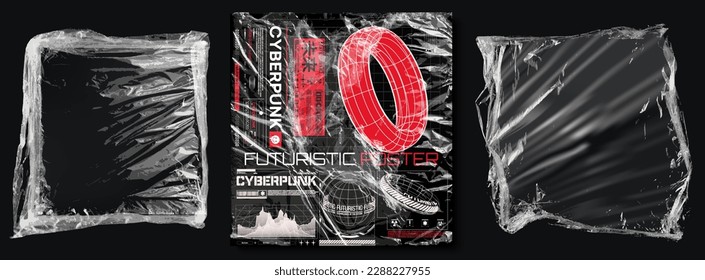 Empty plastic bag. Empty transparent plastic packaging on an insulated background. Album cover, vinyl, texture overlay effect of an old cover with defects and scuffs. Retro futuristic design.