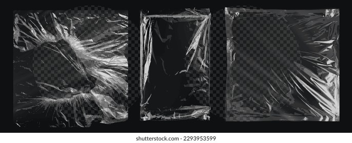 Empty plastic bag. Empty transparent plastic packaging on an insulated background. Album cover, vinyl, texture overlay effect old cover with defects scuffs. Vinyl frame worn transparent plastic wrap.