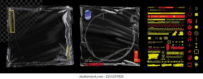 Empty plastic bag. Empty transparent plastic packaging on an insulated background. Realistic plastic film overlay for album cover design with a collection of stickers retro futuristic style. Vector