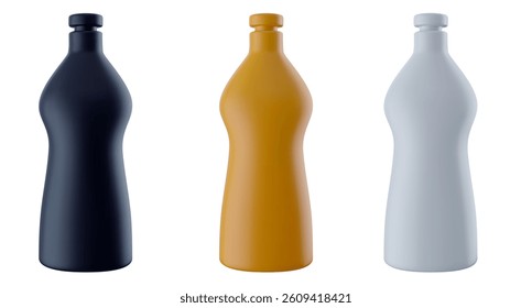 Empty plastic bottle with cap for household cleaning chemical or industrial liquid in 3d realistic style. Glossy design element different color for mockup branding. Vector illustration.
