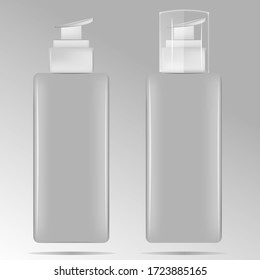 Una botella de plástico vacía con un dispensador. Dispensador con tapa. Frasco de jabón, crema, champú. Vector aislado.