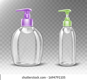 Empty plastic bottle with dispenser pump for liquid soap, antibactrial gel, sanitizer or cosmetic product. Vector realistic mockup of transparent package for antiseptic cleanser