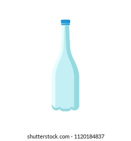 Empty plastic bottle with long narrow neck and blue lid. Container for liquids. Flat vector element for advertising poster or banner
