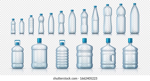 Empty plastic bottles. Realistic transparent container for water or liquids, isolated 3D mockups for advertising. Vector set illustrations containers for global beverage packaging on white background svg