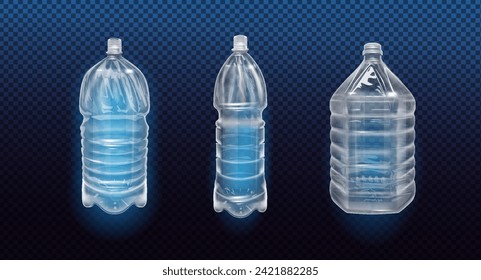 Empty plastic bottles. Realistic transparent container for water or liquids, isolated 3D mockups for advertising.