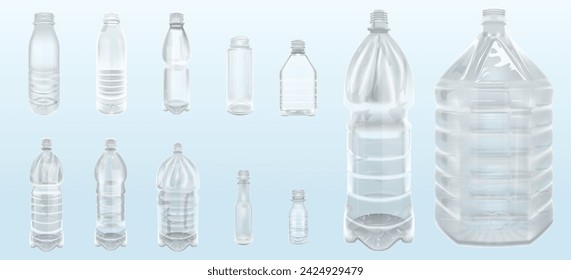 Empty plastic bottles. Realistic transparent container for water or liquids, isolated 3D mockups for advertising.