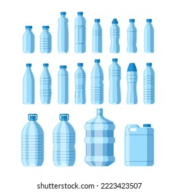 Empty plastic bottles. Set of container for water or liquids, isolated mockups for advertising. Global beverage packaging on white background. Flat vector illustration