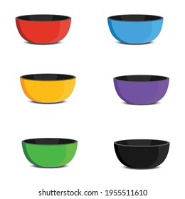 Empty plastic bowls of different colors with shadows isolated on white background. Set of vector dish icons.