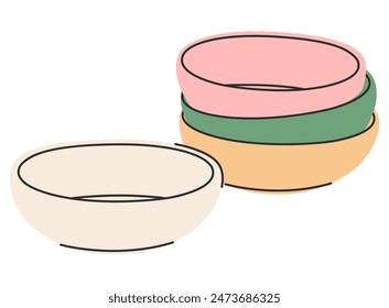 Cuencos de plástico vacíos de diferentes formas con sombras aisladas sobre fondo blanco. Conjunto de iconos de plato de Vector.