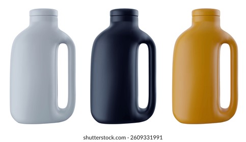 Empty plastic canister with cap for household cleaning chemical or industrial liquid in 3d realistic style. Glossy design element different color for mockup branding. Vector illustration.