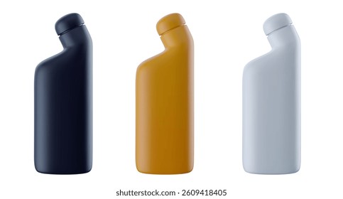 Empty plastic canister with cap for household cleaning chemical or industrial liquid in 3d realistic style. Glossy design element different color for mockup branding. Vector illustration.