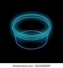 Empty plastic container glowing with neon blue light on a black background