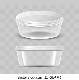 Recipiente plástico vacío para salsa con tapa transparente aislada. Envases para sazonamiento de alimentos, chapuzón, yogur, mockup de plantilla de porciones con tapa. Ilustración vectorial realista