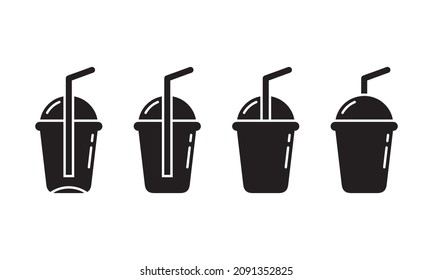 Empty plastic cup with round lid and straw. Silhouette icons set. Black simple vector of clear glass for drinks, smoothie or juice. Contour isolated pictogram on white background