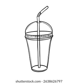 Empty Plastic cup with a straw for cold lemonade sketch. Cold drink to go outline drawing painted by black inks. Hand drawn vector illustration on white. Cocktail hand drawn eps. Decoration for menus