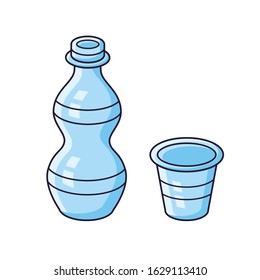 Empty plastic disposable water bottle and cup or glass isolated cartoon vector