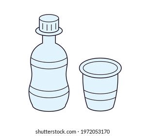 Empty plastic disposable water bottle and cup isolated cartoon line vector icon
